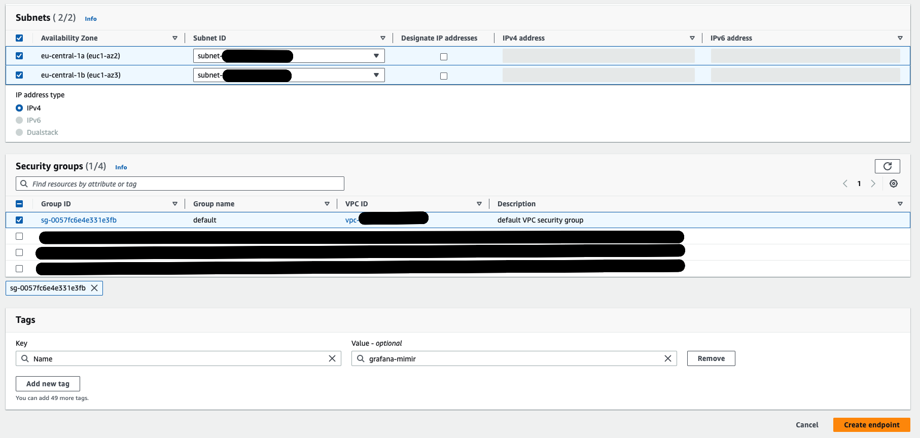 Select subnets and security groups