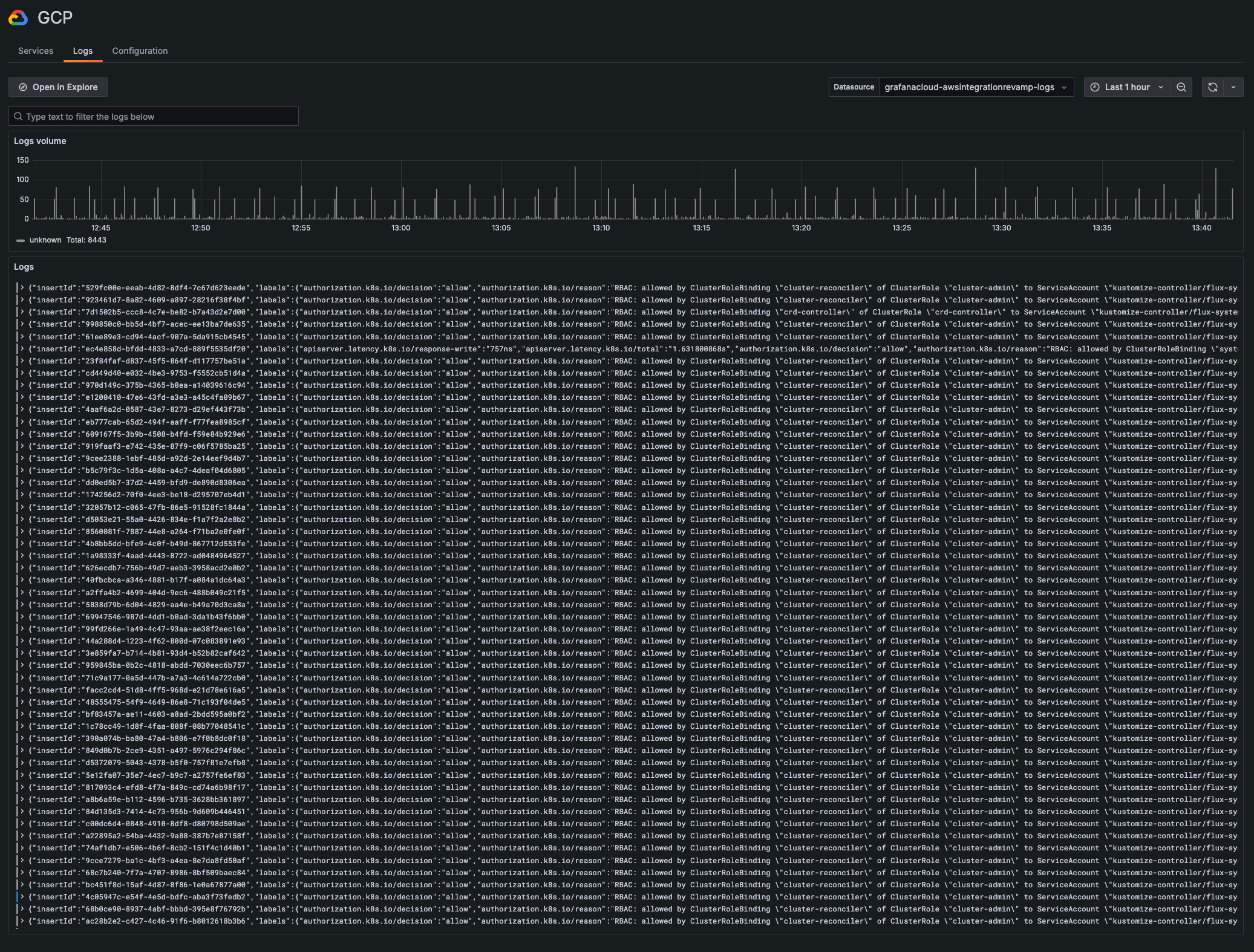 GCP logs for the past hour GCP logs for the past hour
