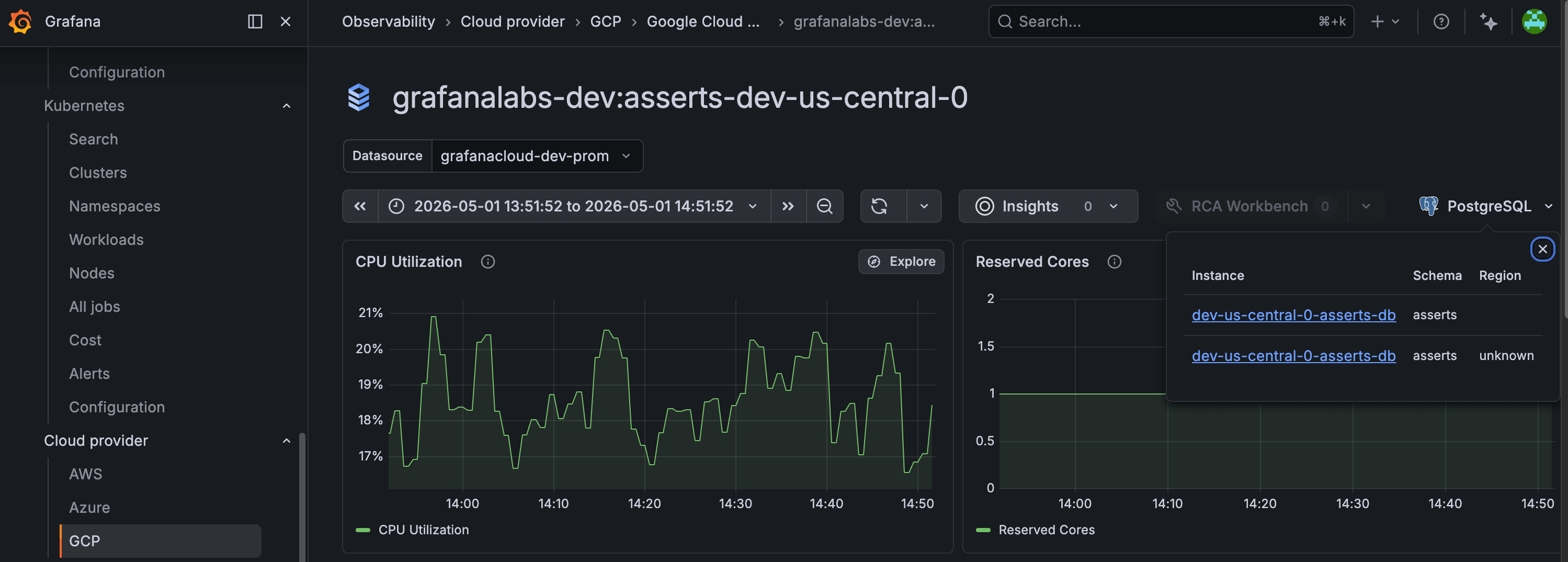 Cloud Provider database instance page with the database engine dropdown listing connected Database Observability instances