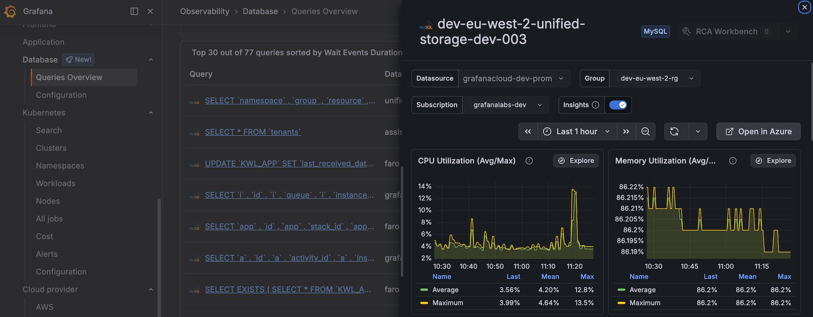 Instance detail side panel in Database Observability with an Open in cloud provider button and infrastructure metrics