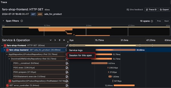 A trace in Application Observability showing how to navigate to a user-session in Frontend Observability