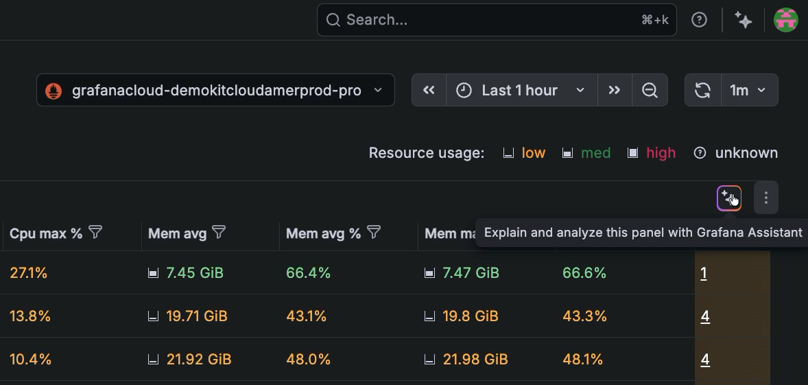 Grafana Assistant icon being hovered over for more information Grafana Assistant icon being hovered over for more information