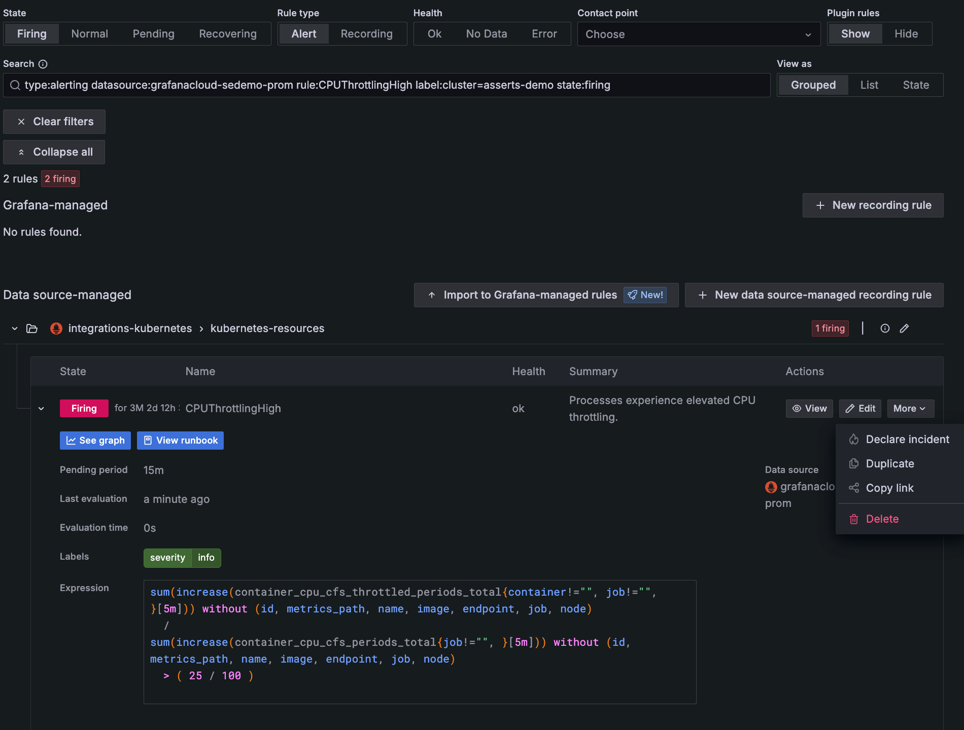 Selecting **Duplicate** to copy an alert Selecting **Duplicate** to copy an alert