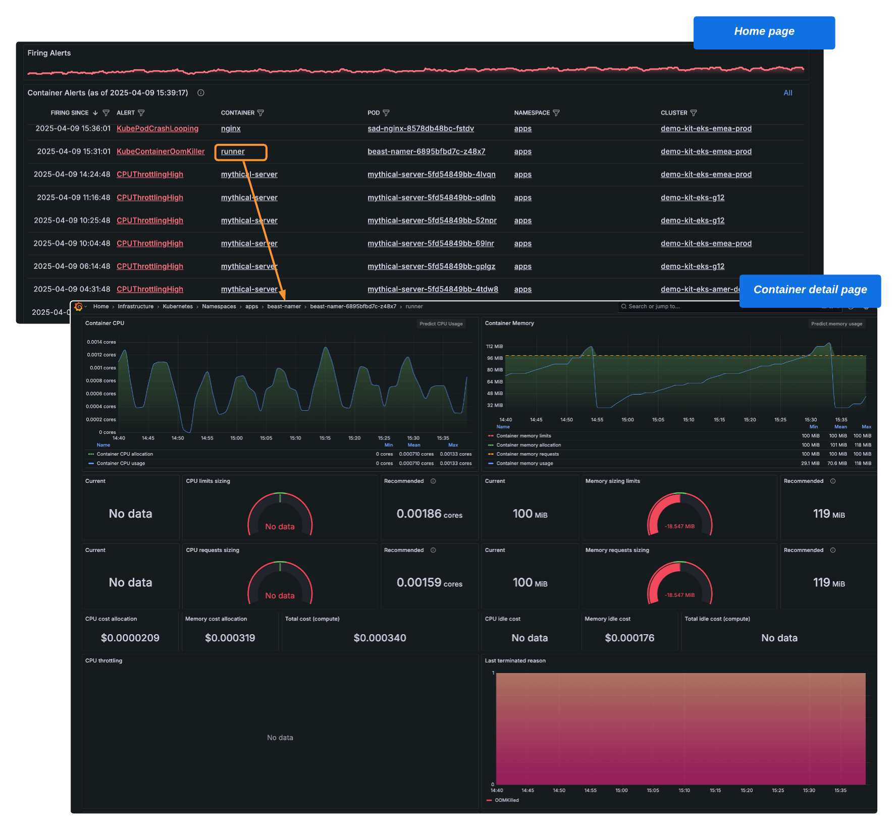 Jumping to container detail page from a container alert Jumping to container detail page from a container alert