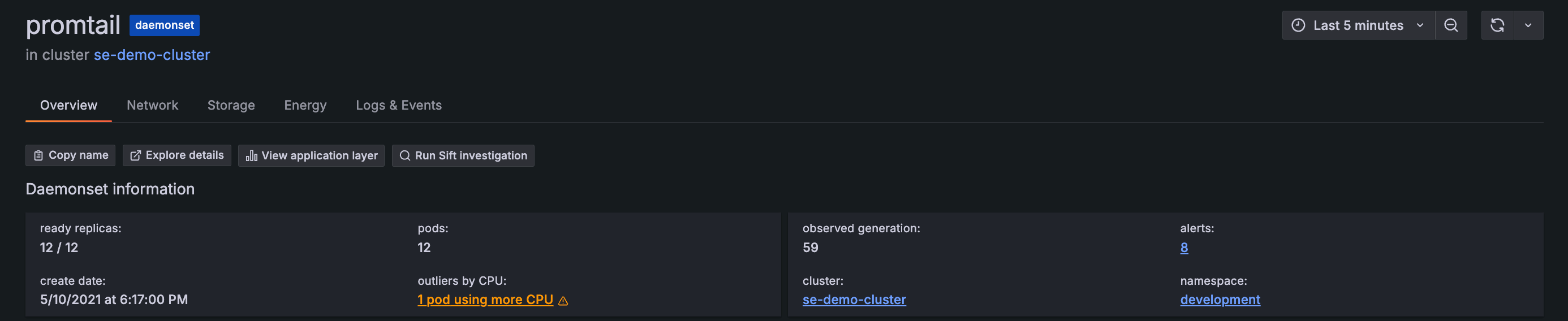Clickable message on workload detail page showing a CPU outlier Pod Clickable message on workload detail page showing a CPU outlier Pod