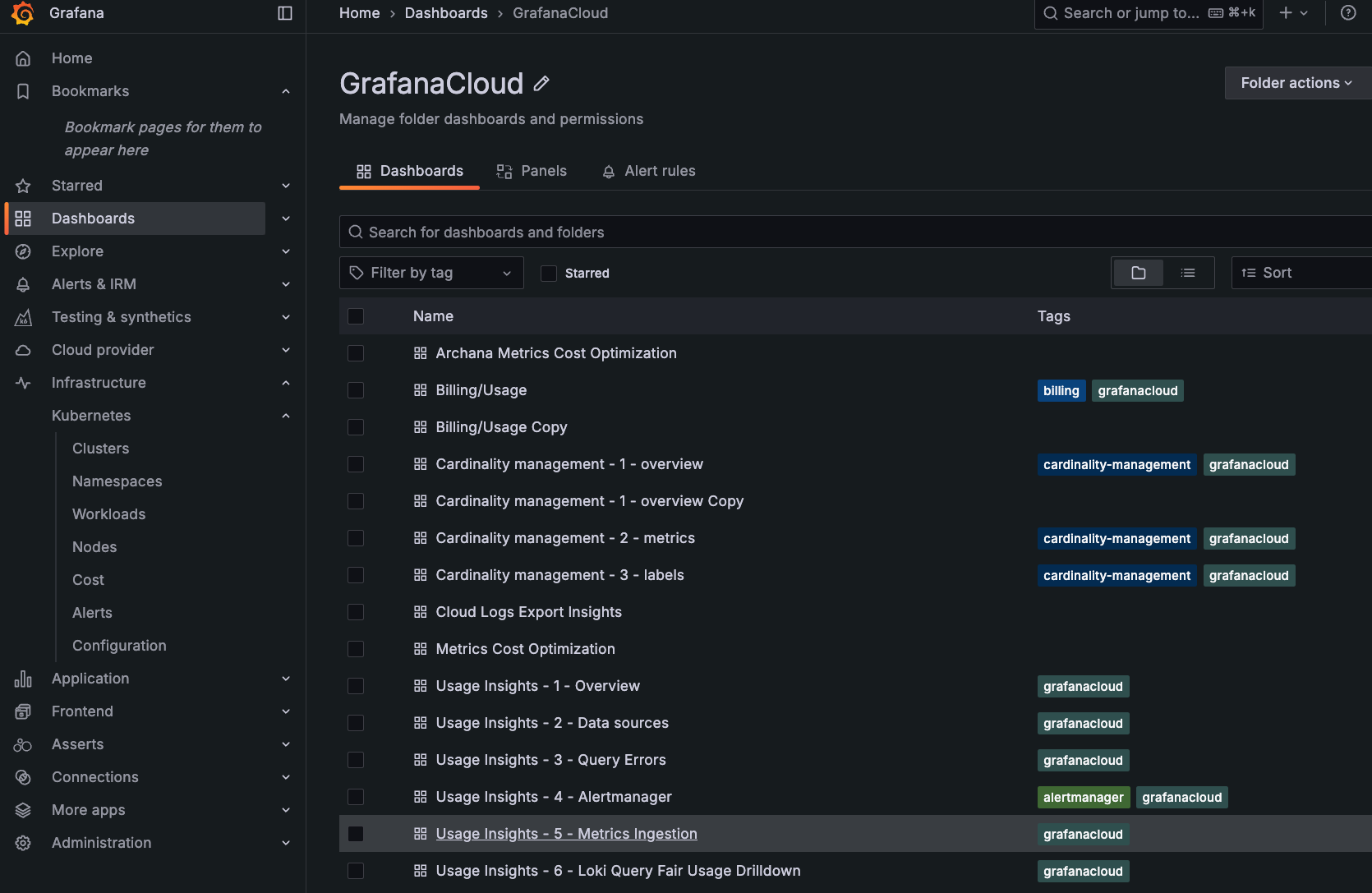 List of Grafana Cloud dashboards with Metrics Ingestion dashboard highlighted List of Grafana Cloud dashboards with Metrics Ingestion dashboard highlighted
