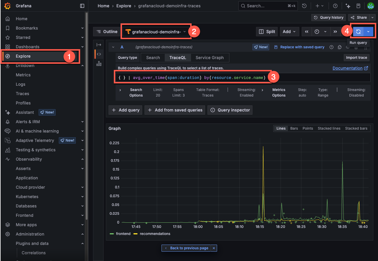 Run the TraceQL query in the Tempo data source query editor