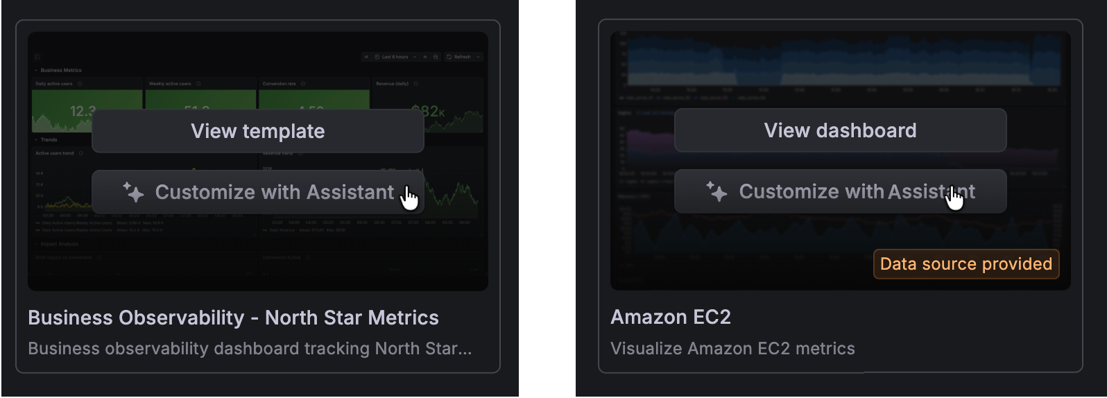 Grafana Assistant helping create a dashboard from template or suggestion