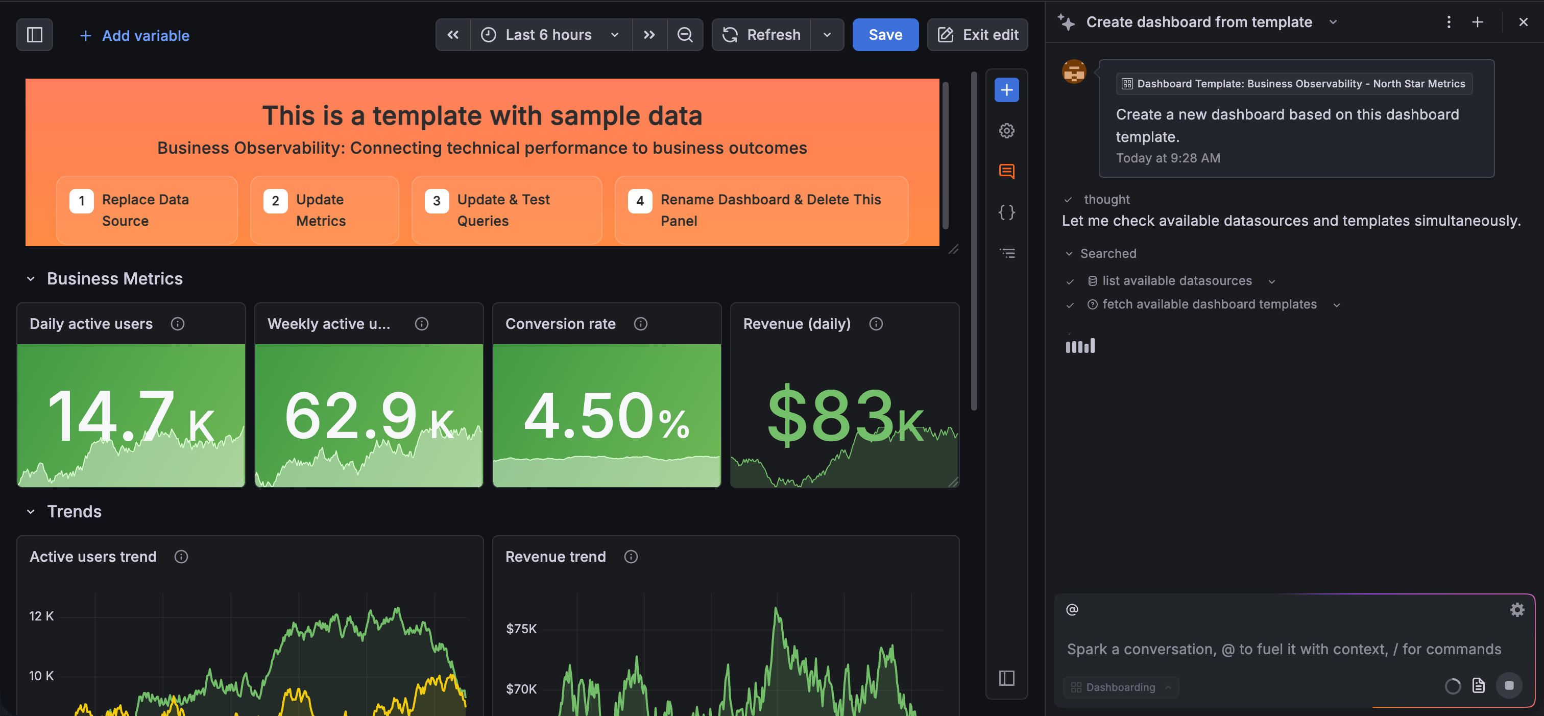 Grafana Assistant helping create a dashboard from template