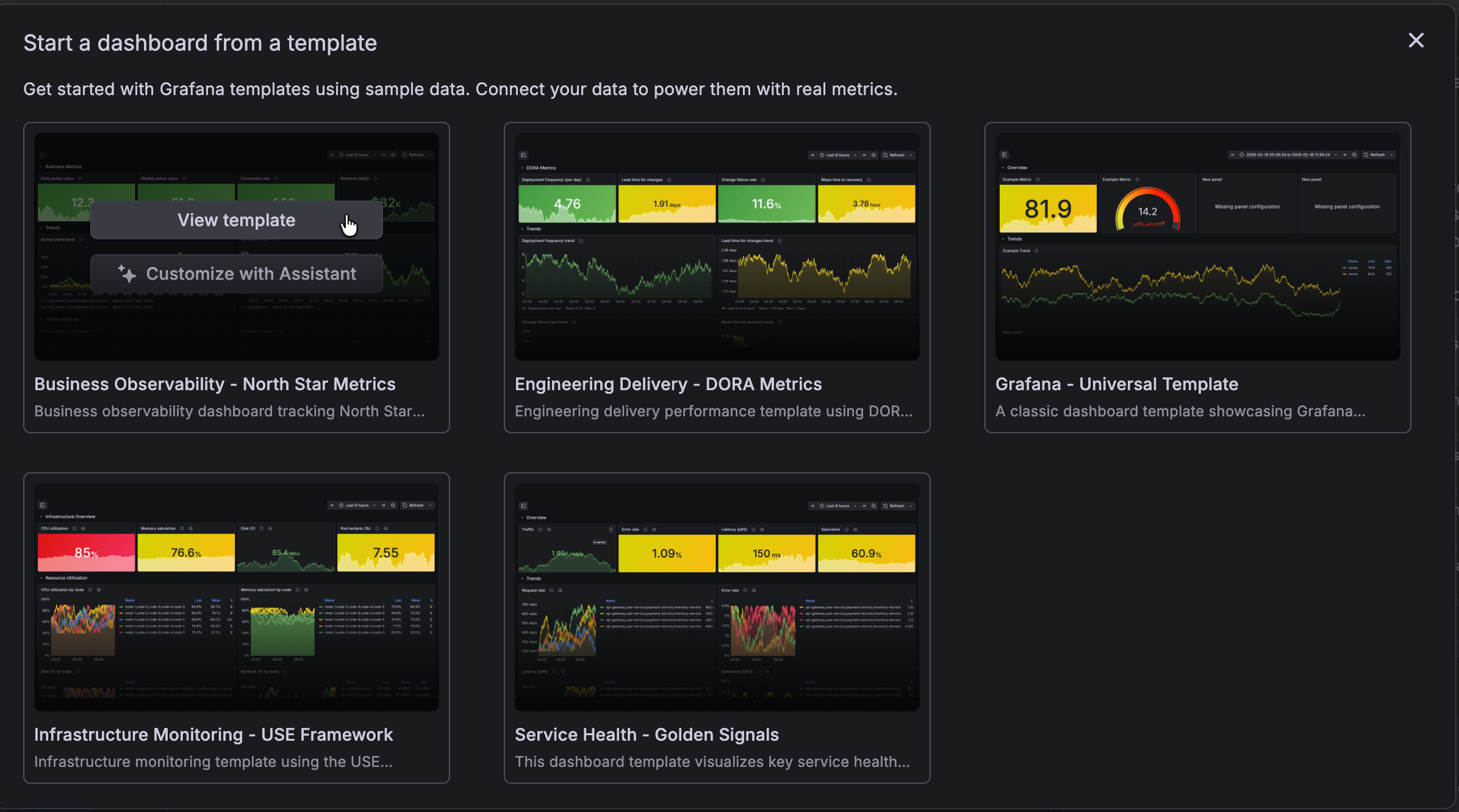 Selection of dashboard templates