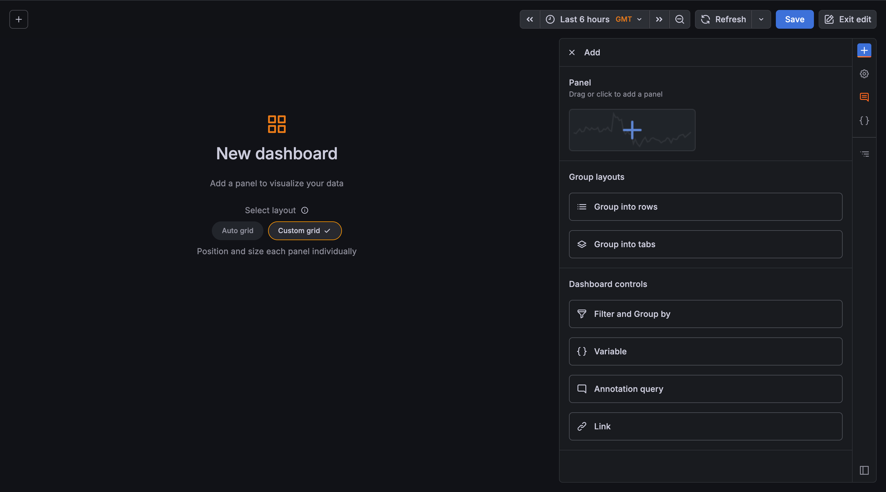 Empty dashboard with sidebar open