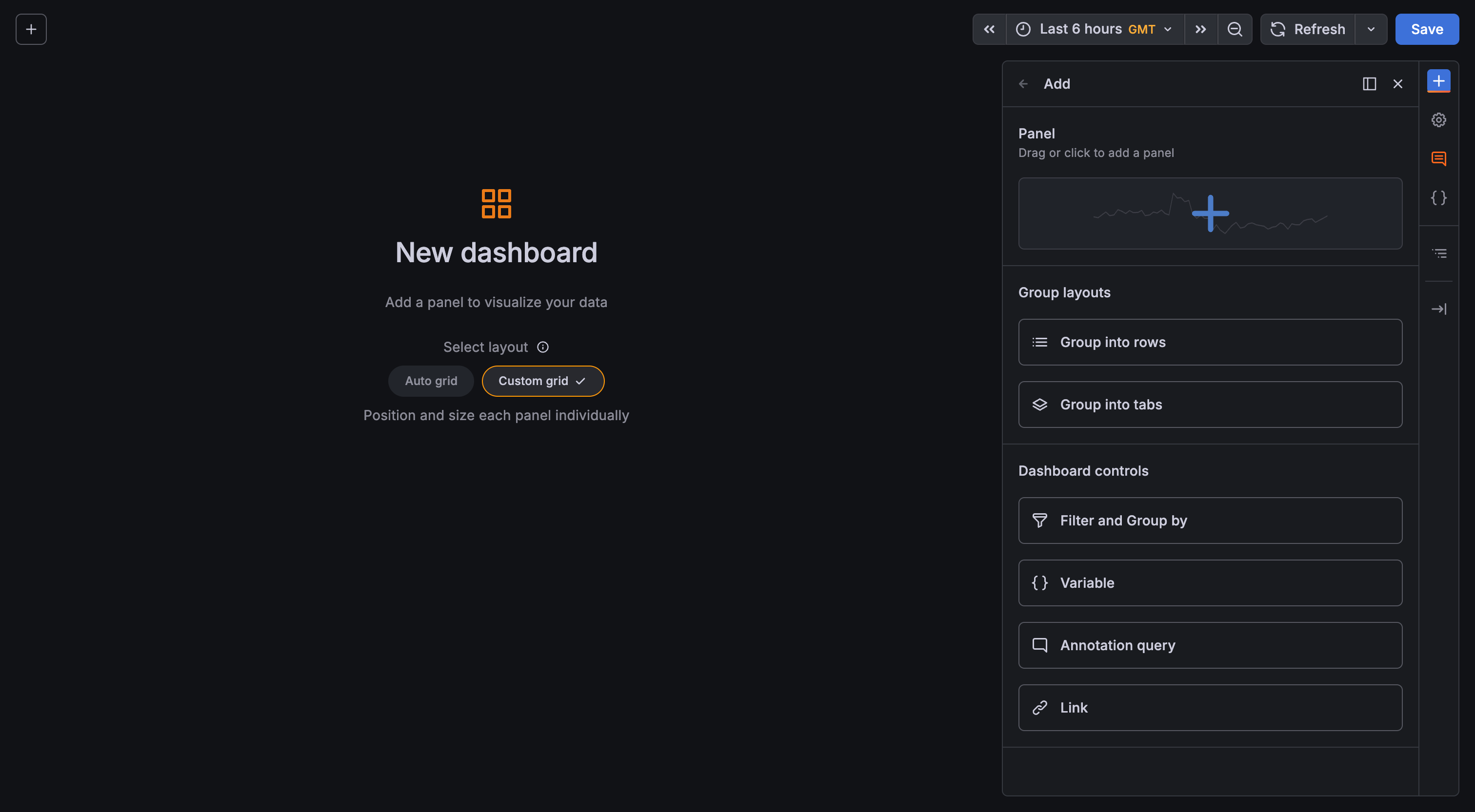 Empty dashboard with sidebar open