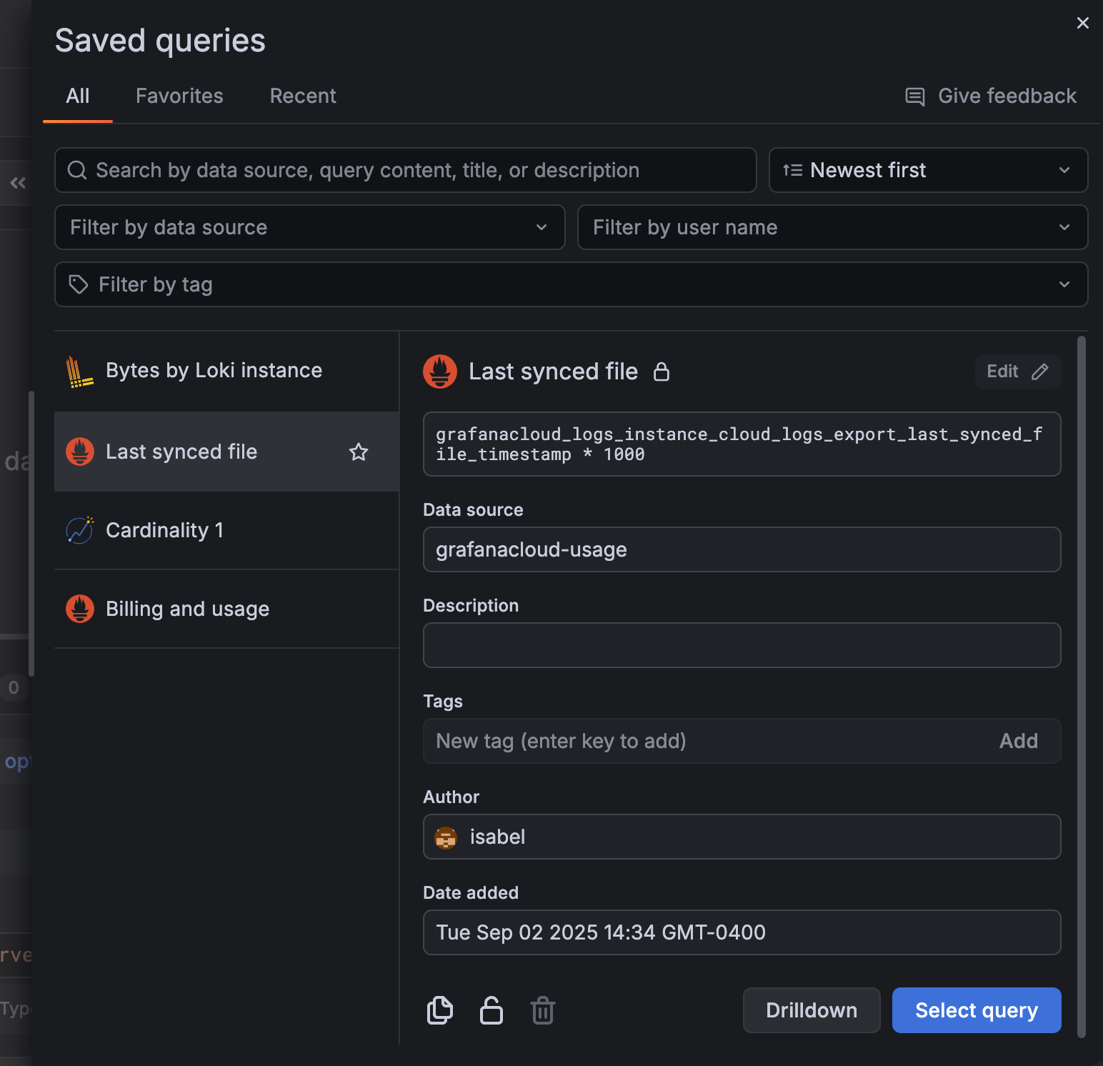 The **Saved queries** drawer accessed from Dashboards List of saved queries and the edit query form