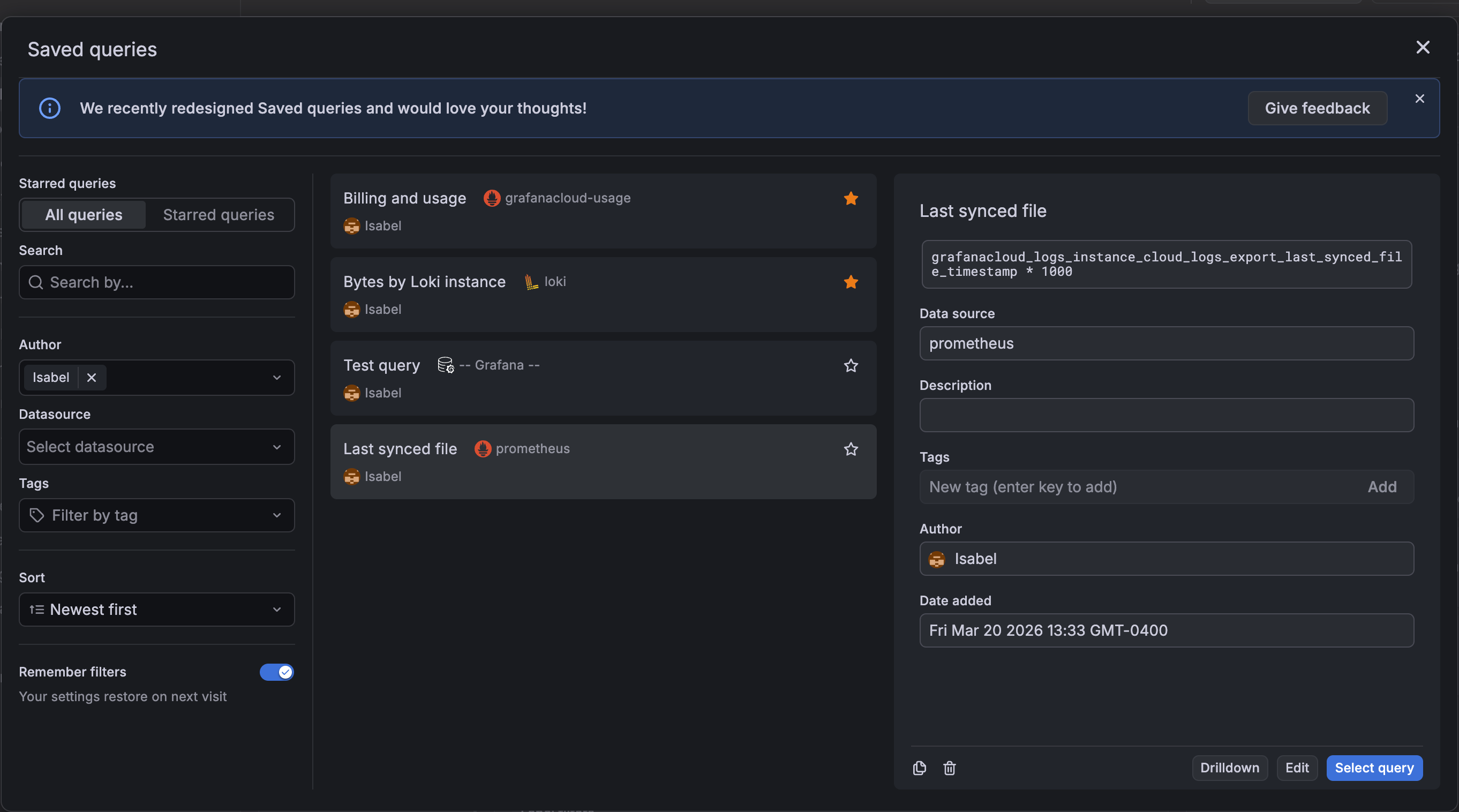 The **Saved queries** dialog box accessed from Dashboards List of saved queries