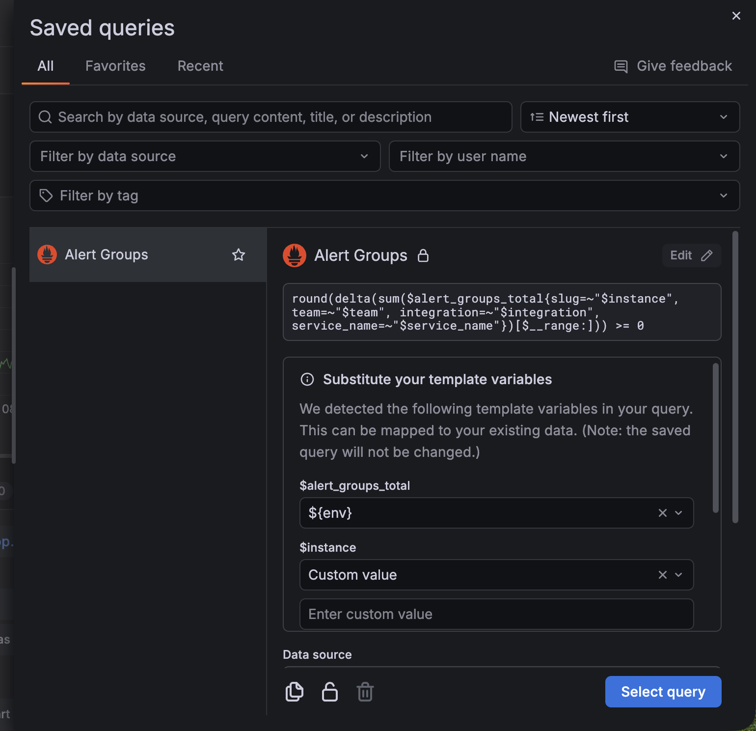 A saved query with substituted variables