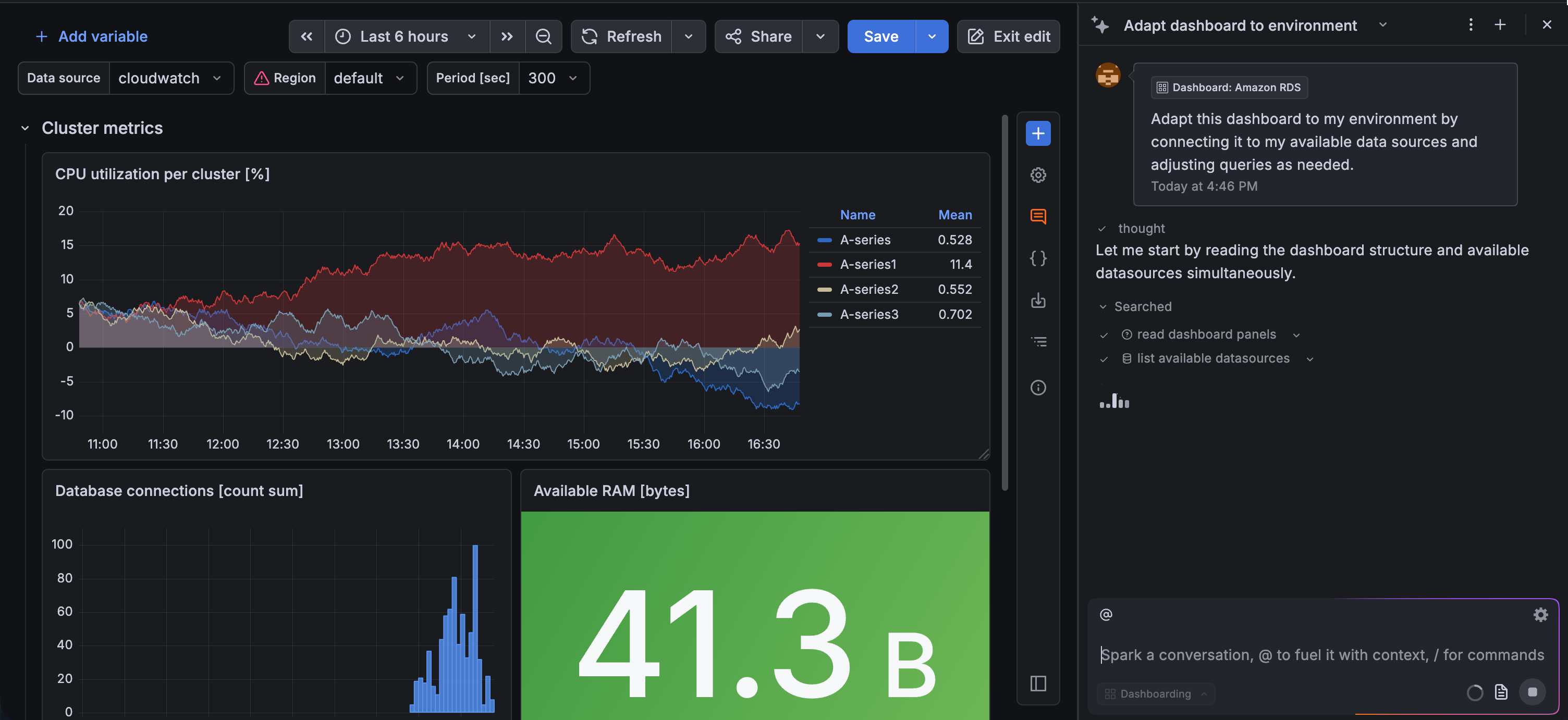 A suggested dashboard being customized by Grafana Assistant Grafana Assistant helping create a dashboard from a suggestion