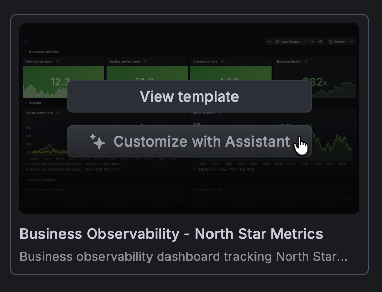 Grafana Assistant helping create a dashboard from template