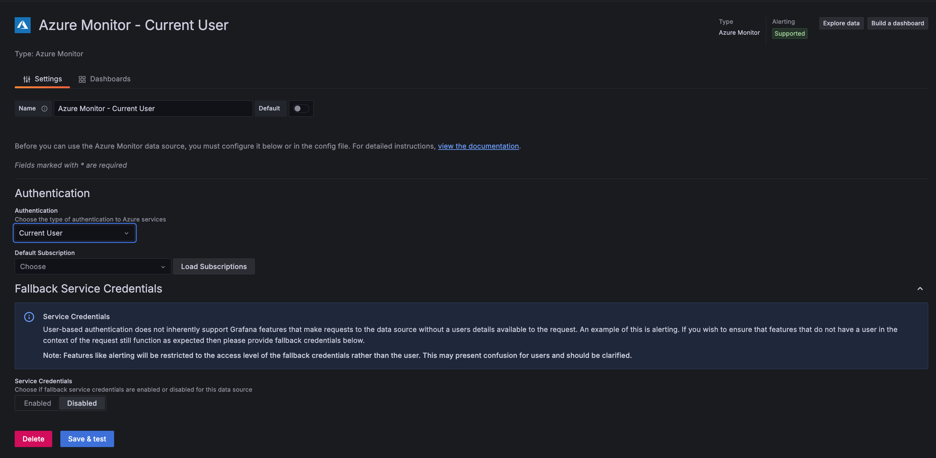 Screenshot of Azure Monitor data source UI