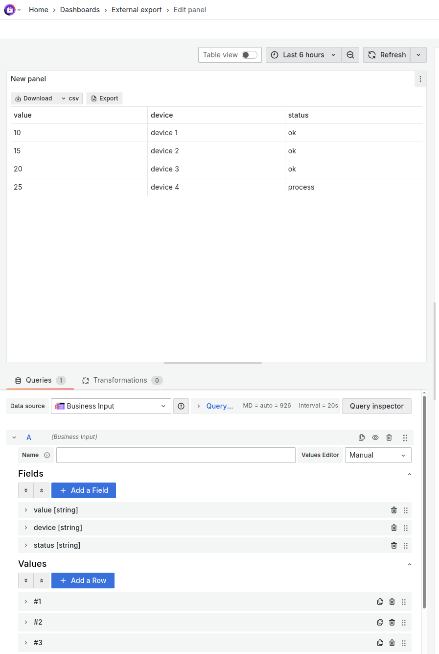 Configured Business Table Panel