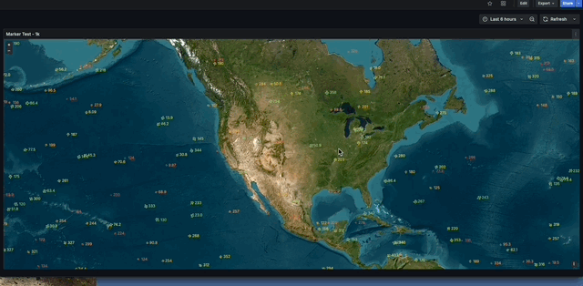 A gif showing what 1,000 marker layers would like on a geomap before WebGL.