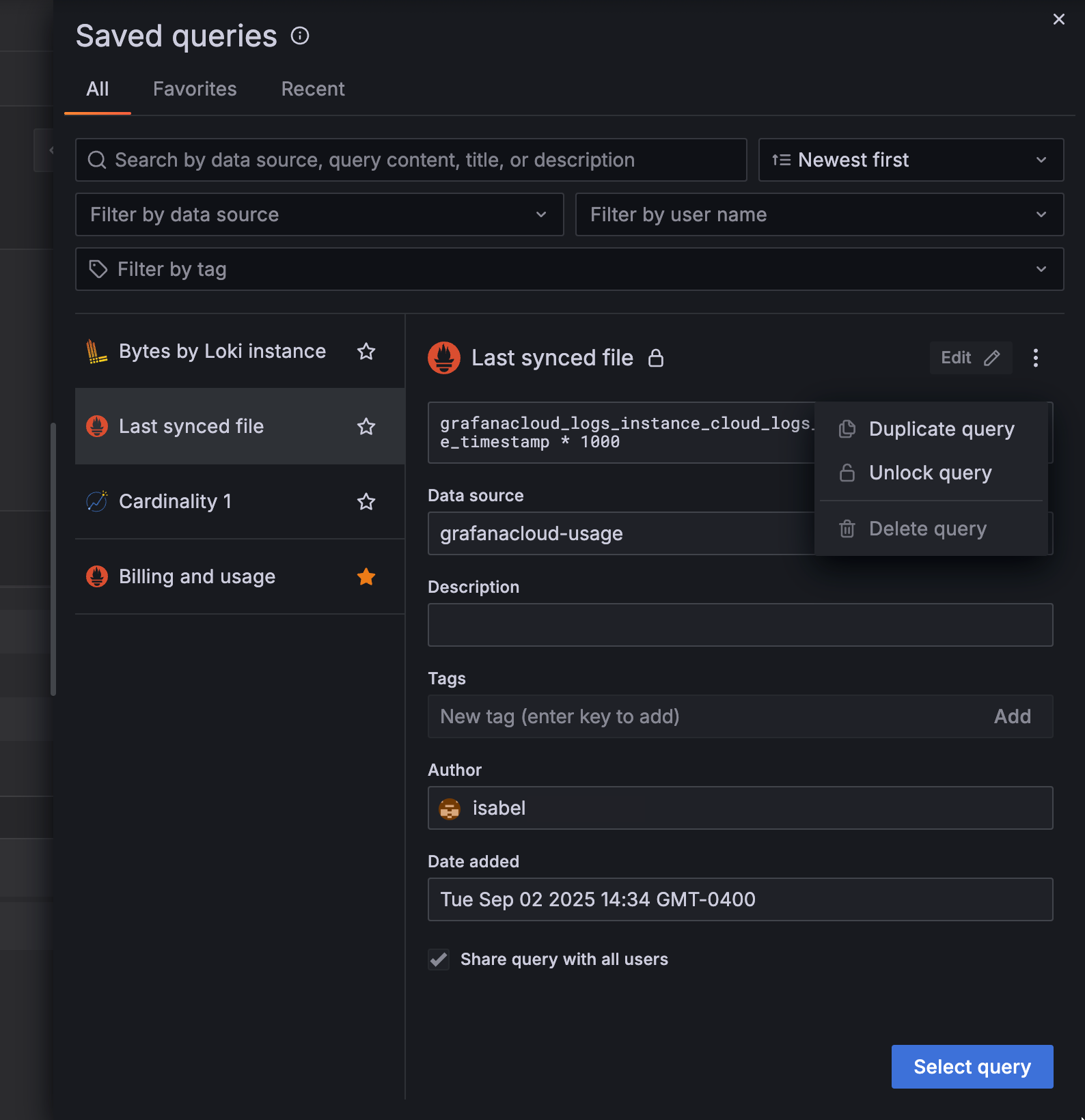 The Saved queries drawer accessed from Dashboards List of saved queries and the edit query form
