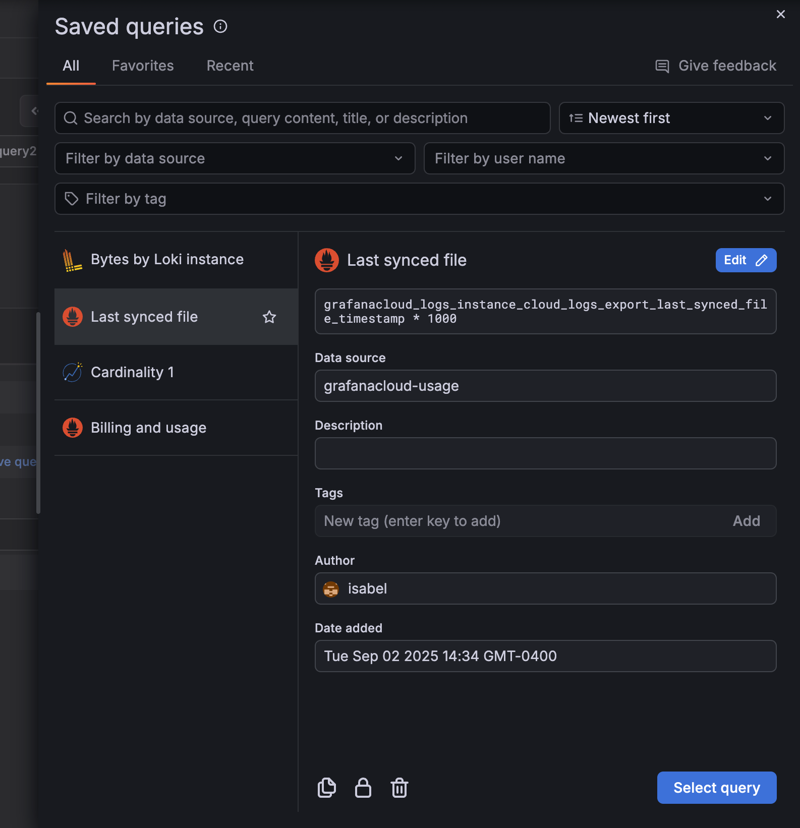The **Saved queries** drawer accessed from Dashboards List of saved queries and the edit query form