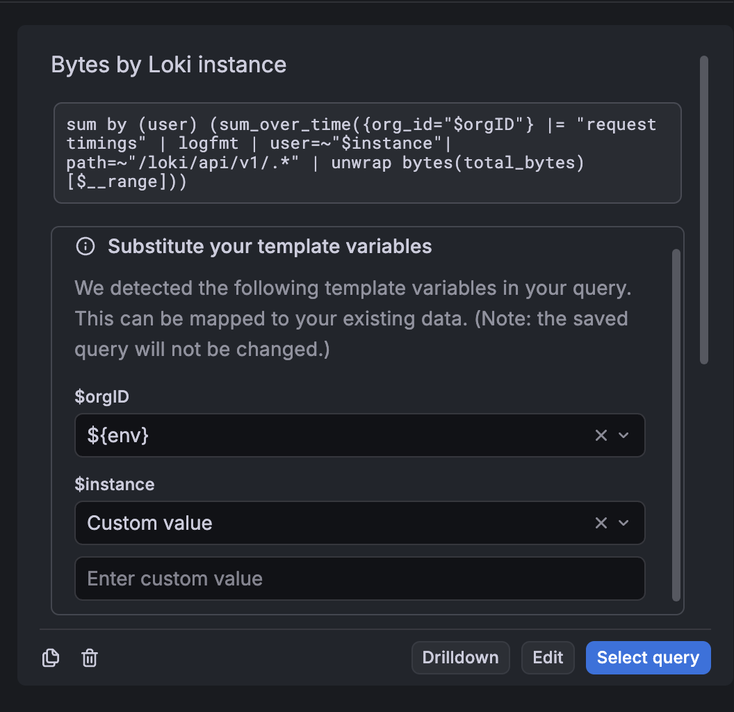 A saved query with substituted variables