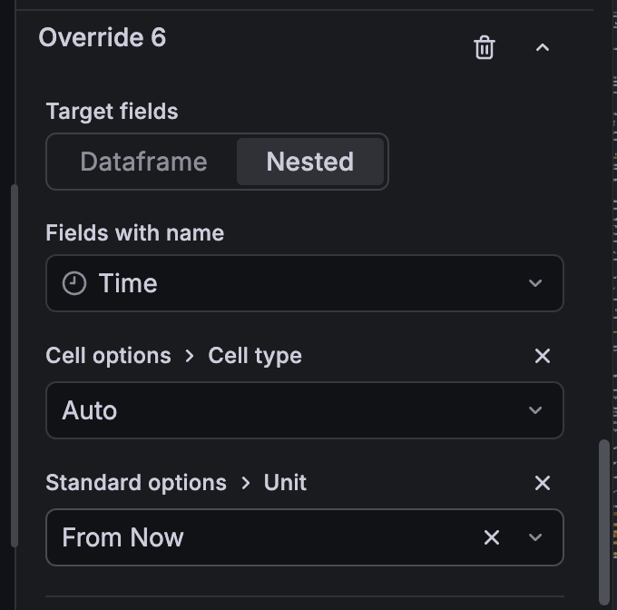 Field override configuration with the Target fields selector showing Series and Nested options