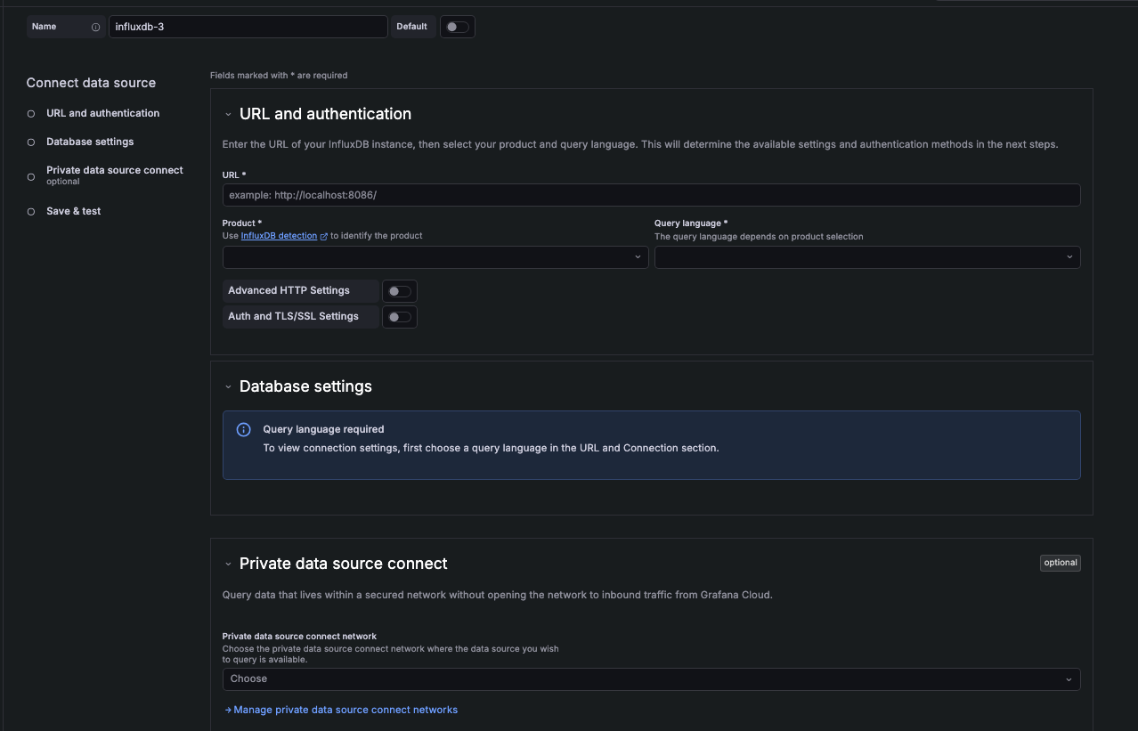 InfluxDB data source configuration page showing the sidebar navigation and settings