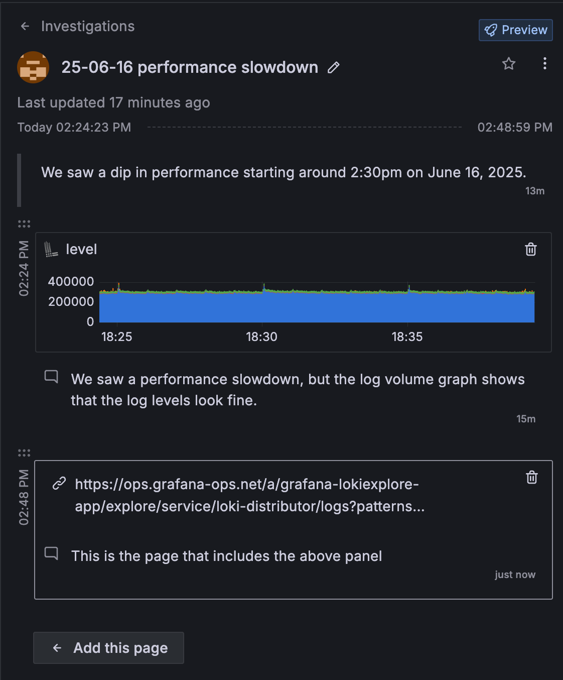 An investigation open in the sidebar.