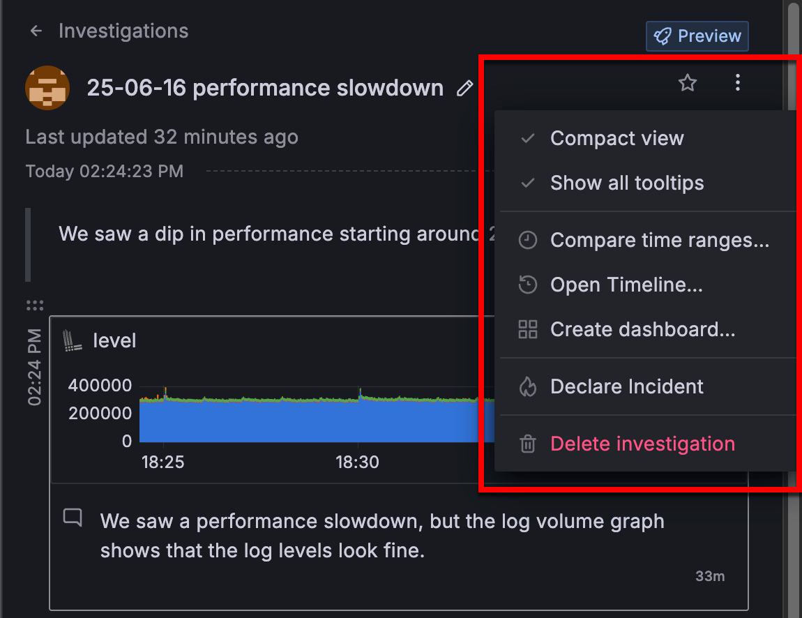 The investigation menu open showing the available actions.