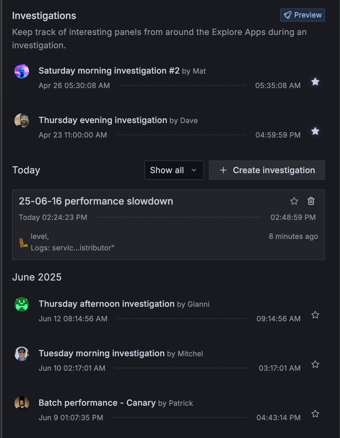 The list of all investigations in the sidebar.