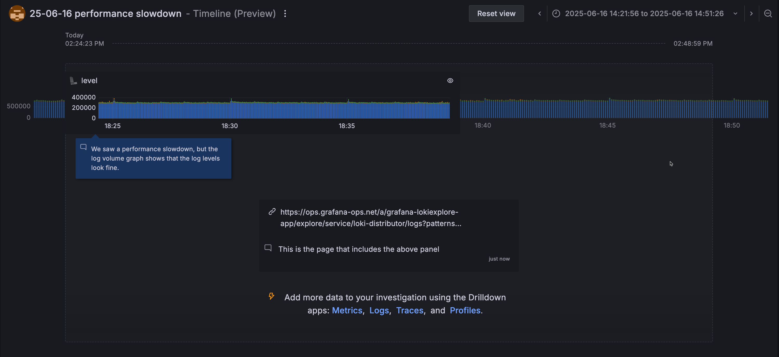 An investigation in timeline view.