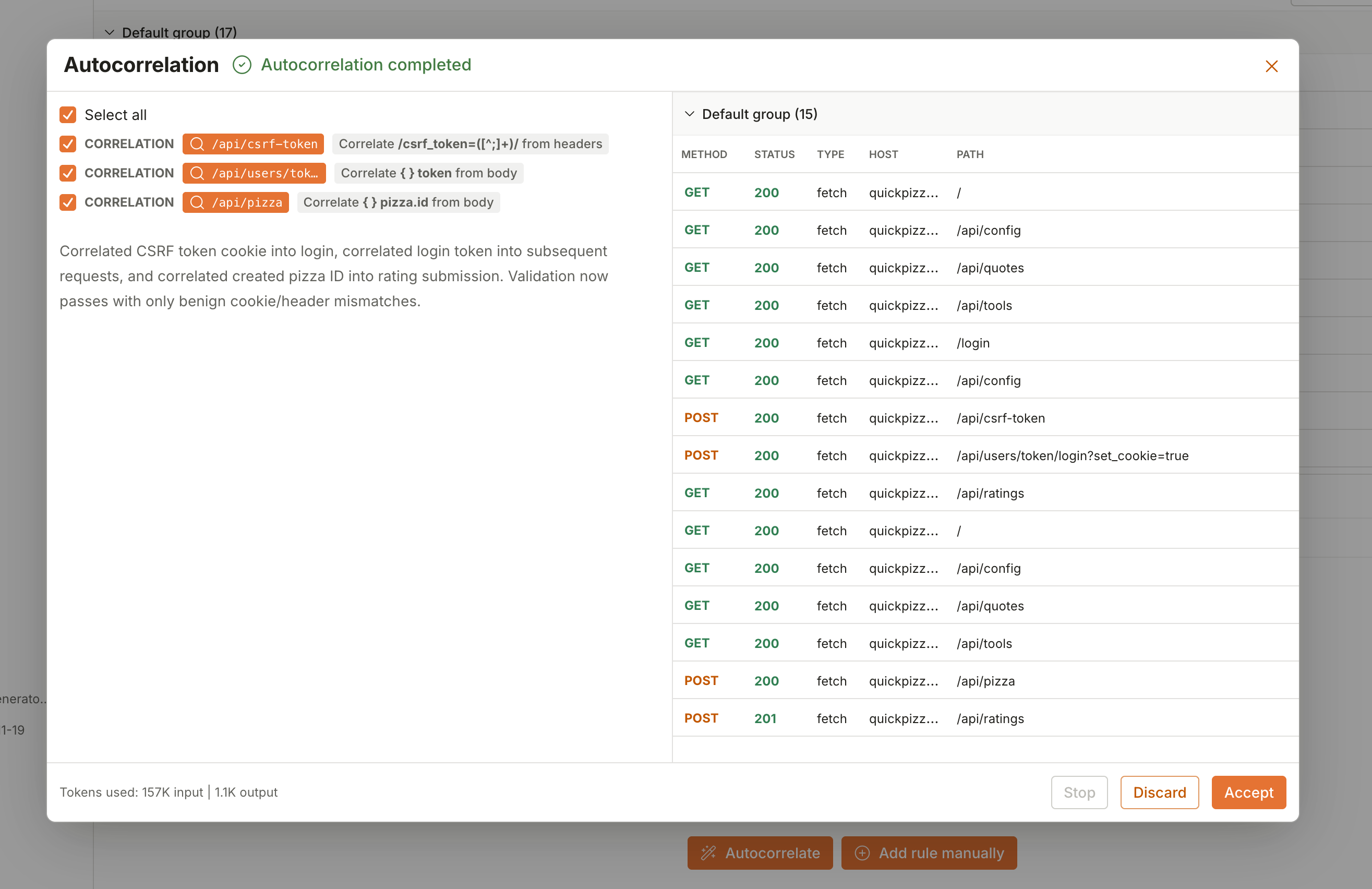 k6 Studio autocorrelation dialog with suggested rules
