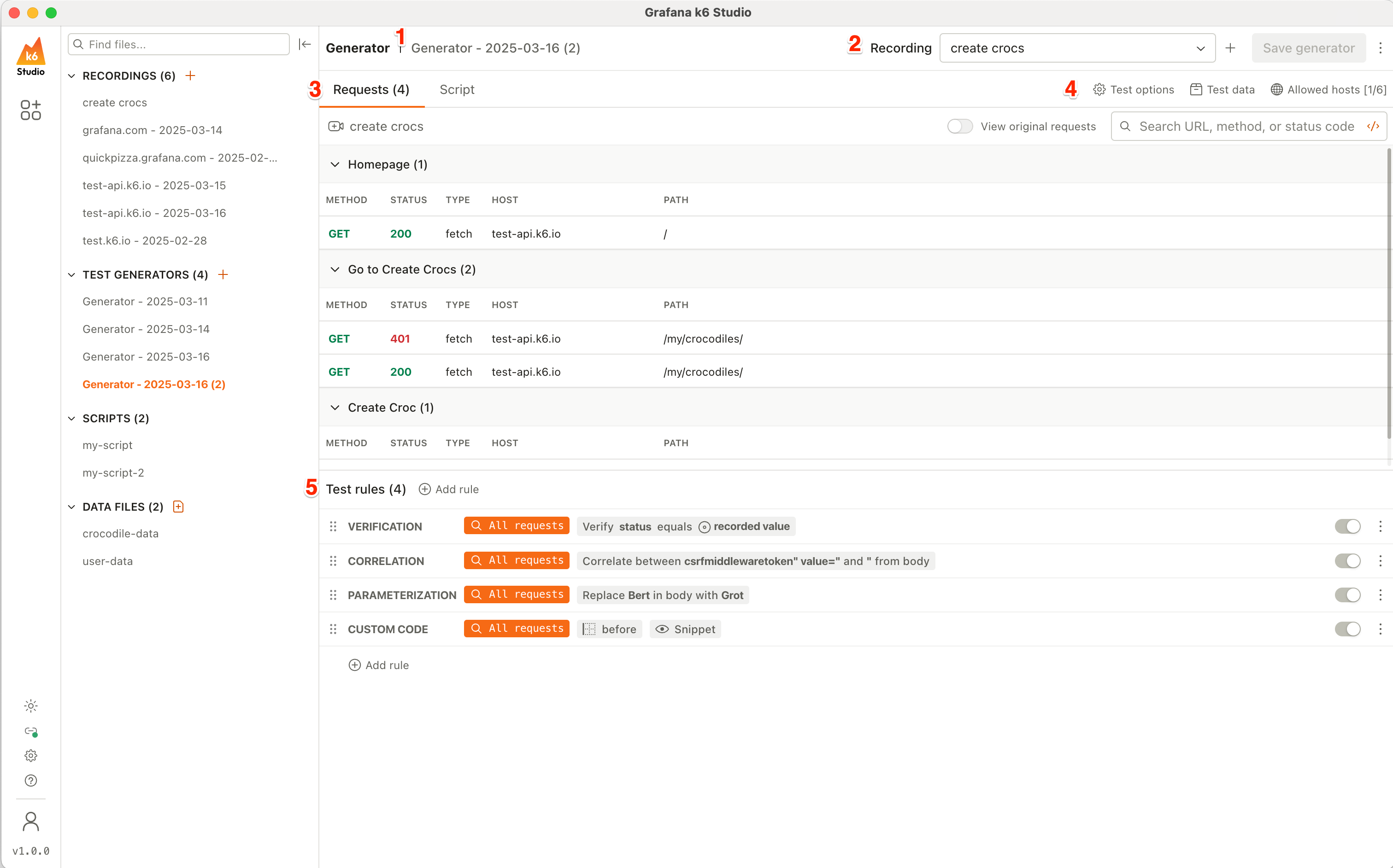 k6 Studio Generator window, showing a test generator with three test rules, the requests panel open on the right side with several requests, and the correlation rule panel open and configured to search for a CSRF token
