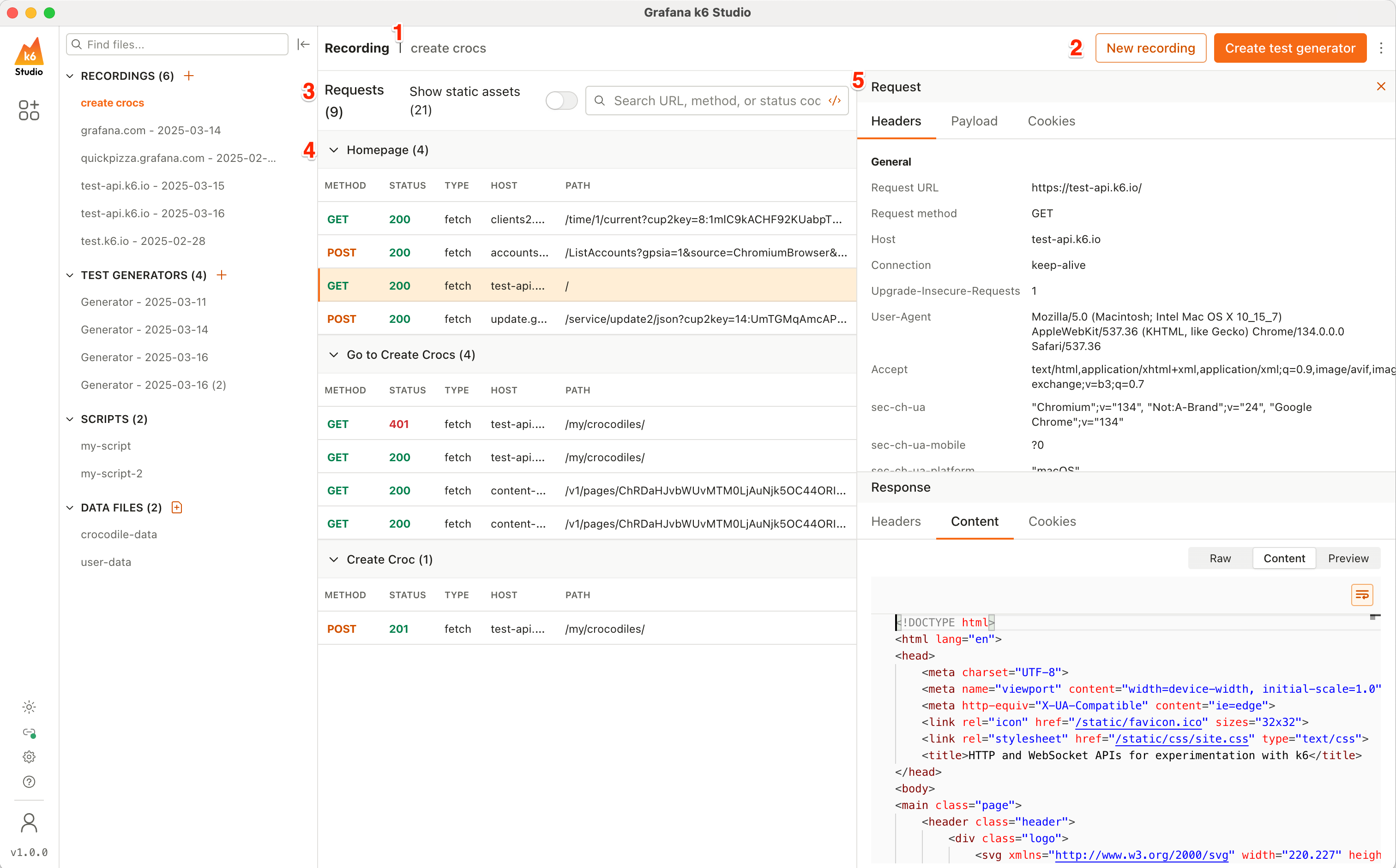 k6 Studio Recorder window, showing a completed test recording with eight requests, and numbers next to each section of the application