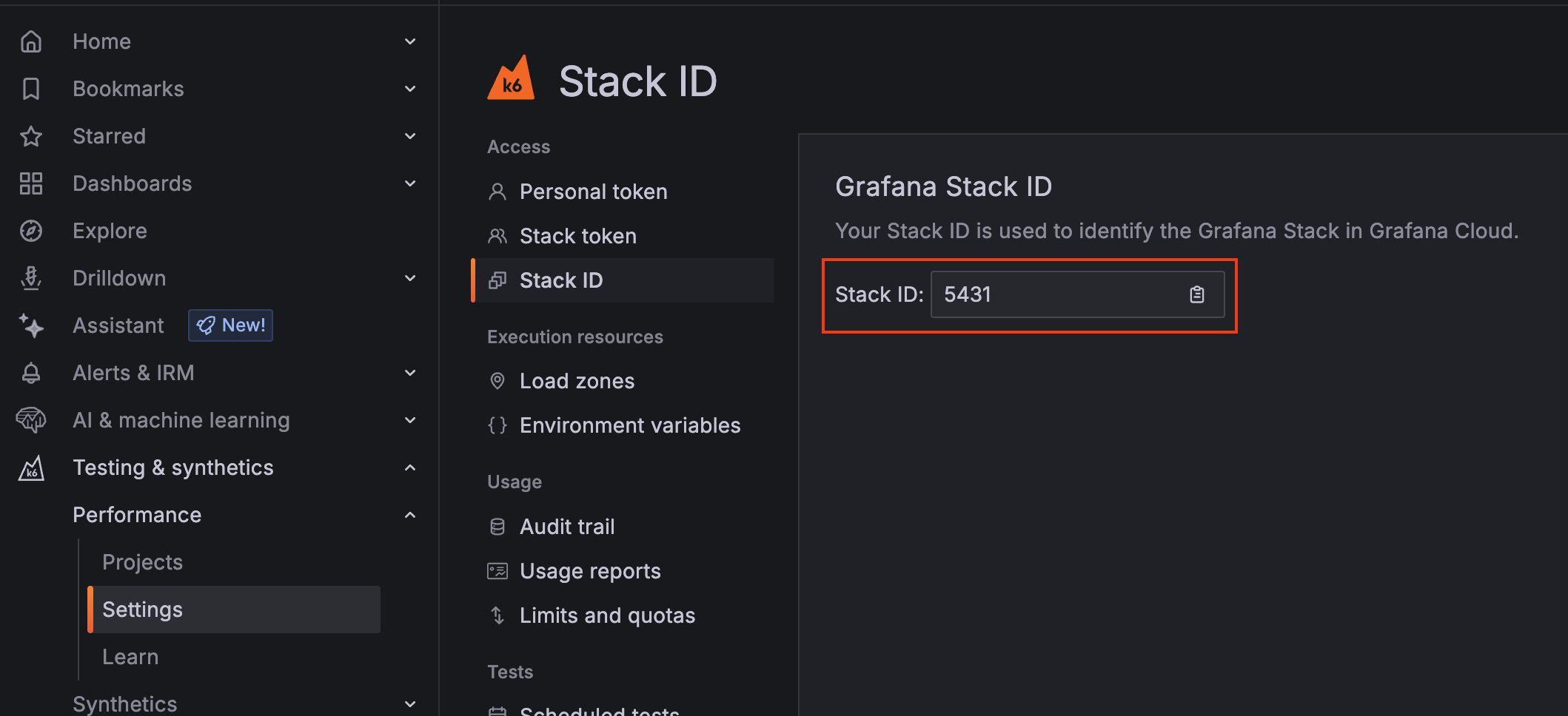 Screenshot retrieving Grafana Cloud Stack ID