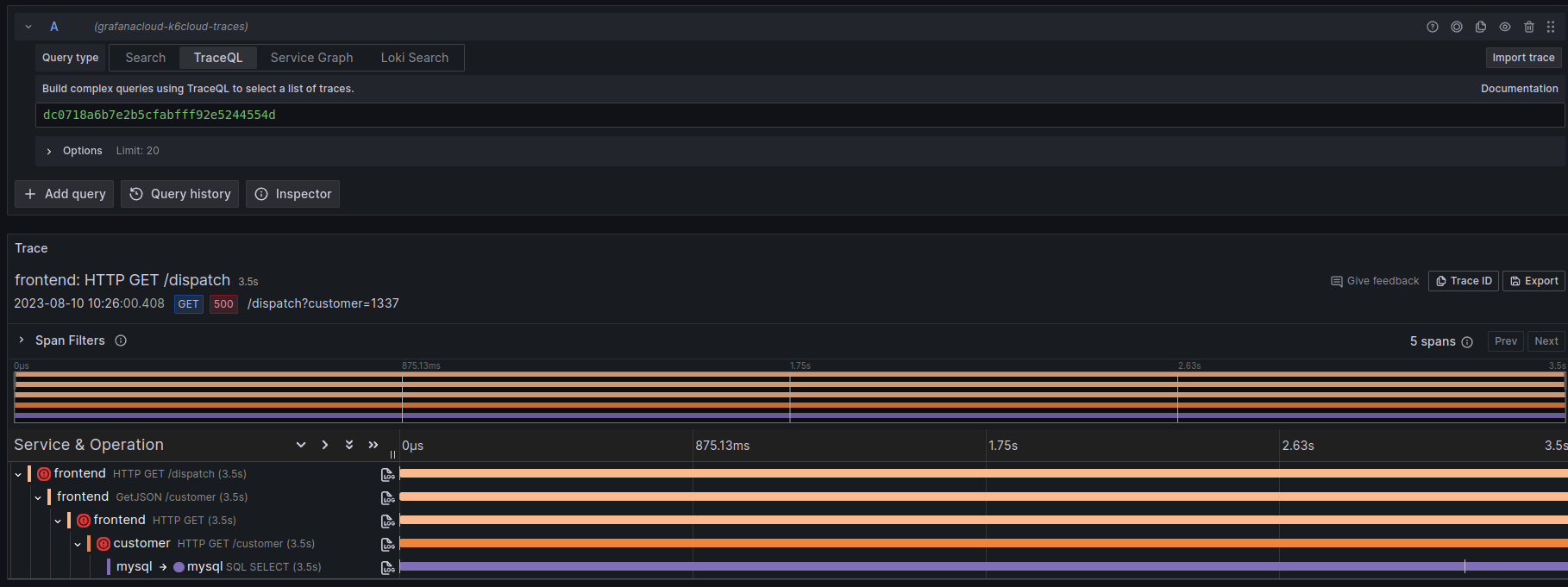 Grafana Cloud Traces View