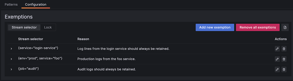 A screenshot of Exemptions in Adaptive Logs.