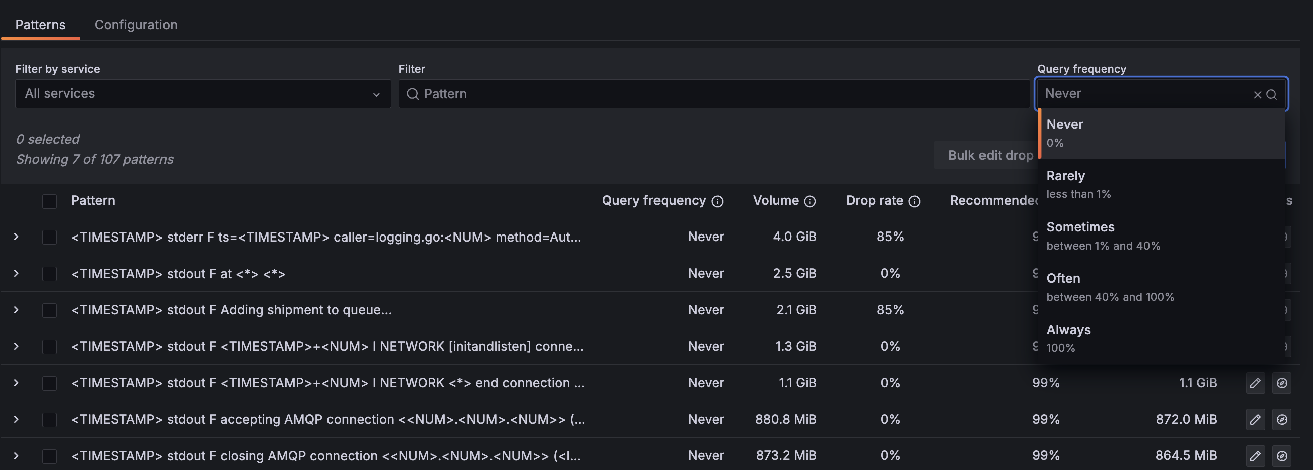 A screenshot of the usage filter functionality in Adaptive Logs.