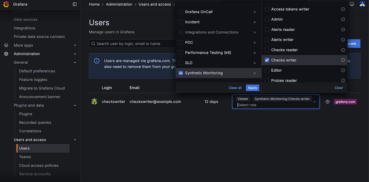 A screenshot of the RBAC functionality in Synthetic Monitoring.