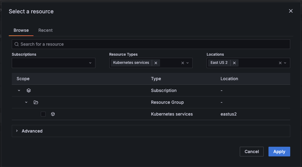 Resource picker with filters