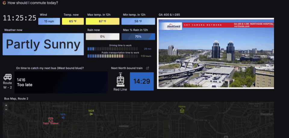 A Grafana dashboard with panels for time, weather, train and bus schedules, a map, and live feed from a traffic cam