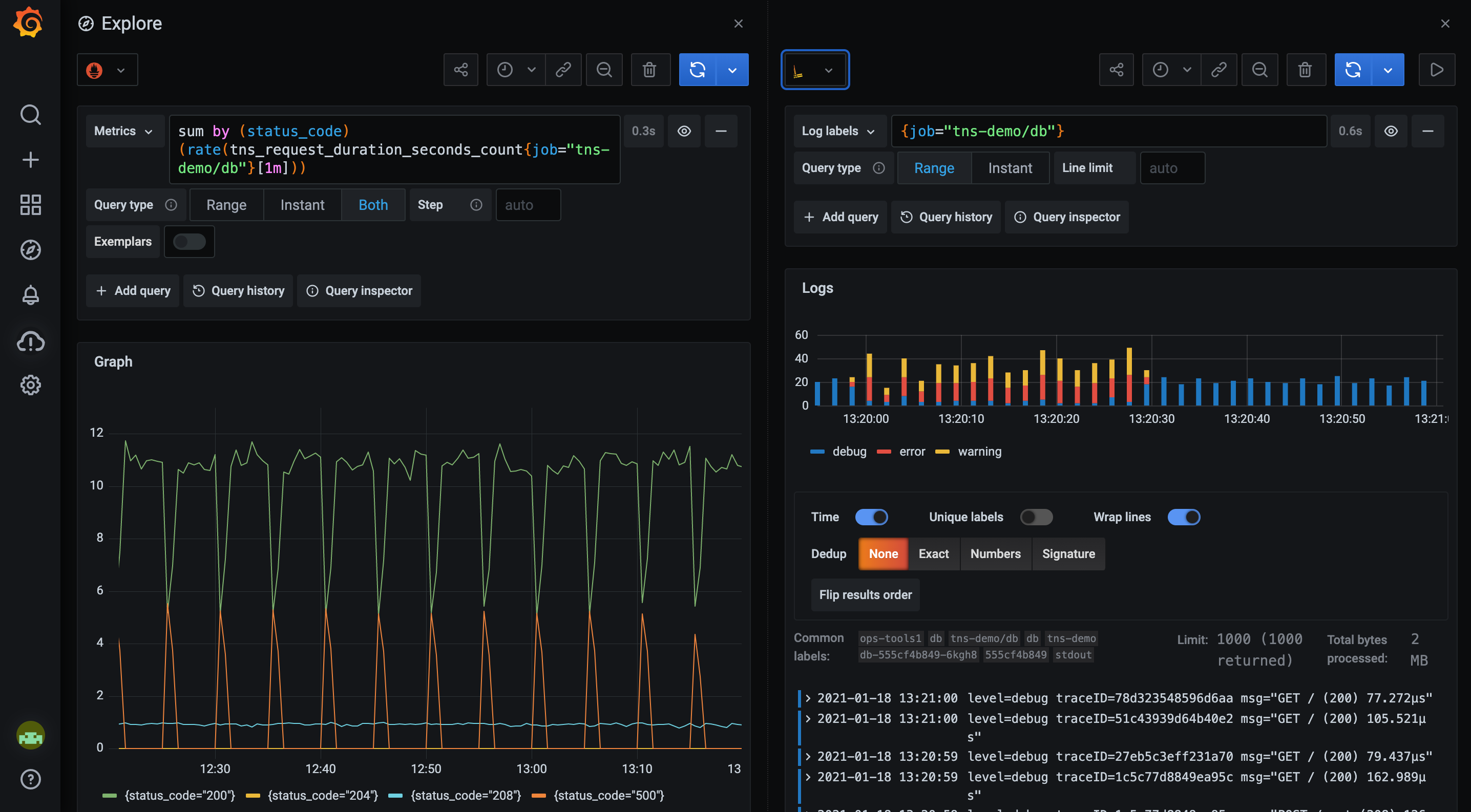 Correlate metrics and logs side-by-side. Correlate metrics and logs side-by-side.
