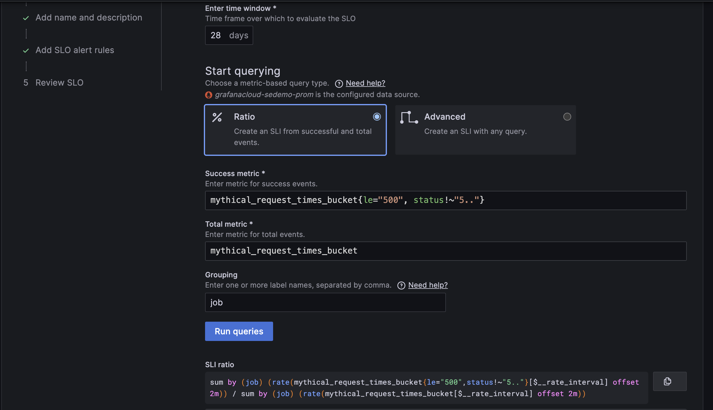 Grafana SLO UI for creating an SLO ratio.