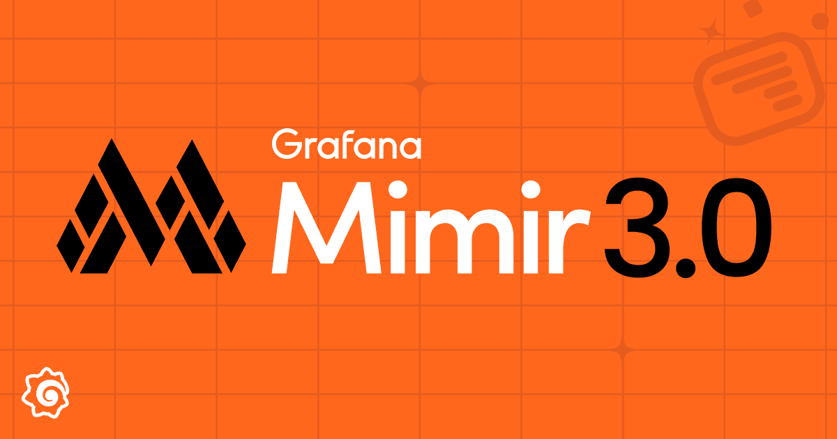 Orange background with text "Grafana Mimir 3.0" in bold. Features a stylized "M" logo and a gear icon in the corner.