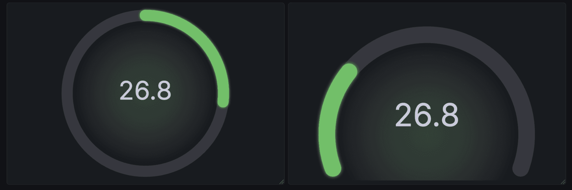 Two circular progress indicators, one a full circle and one an arc, show the number 26.8, with green segments representing completion on a dark background.