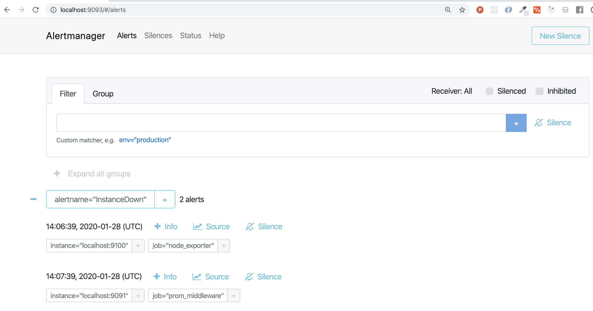 Prometheus Alertmanager with 2 active alerts Prometheus Alertmanager with 2 active alerts