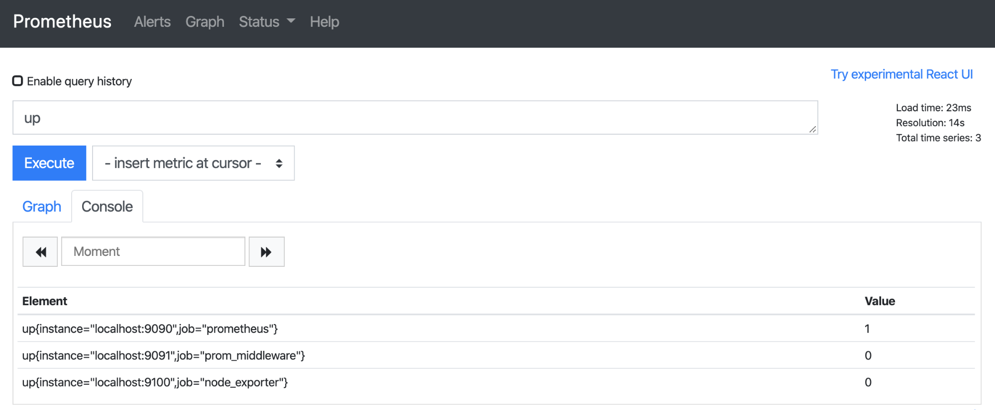 Evaluating up metric in Prometheus UI to see which instances are running Evaluating up metric in Prometheus UI to see which instances are running