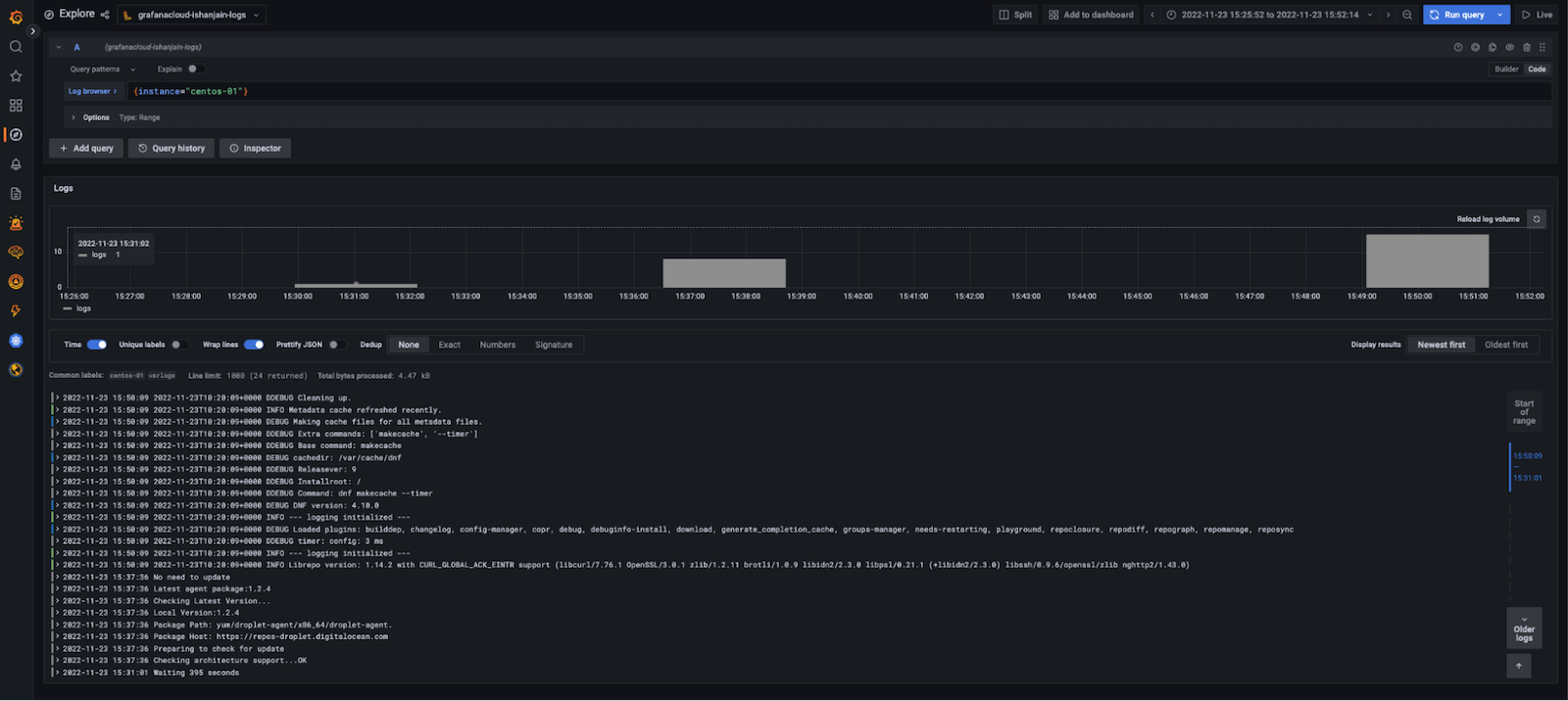 Grafana Explore showing a graph and log output from the preceding query